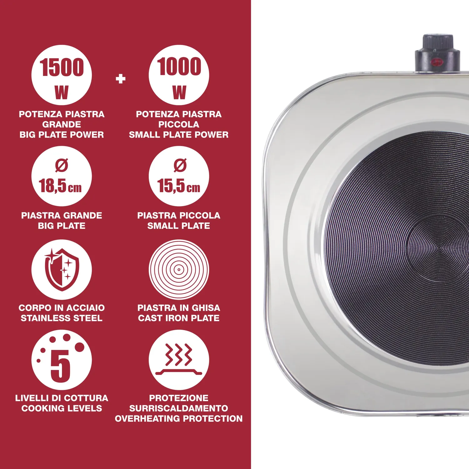Beper Fiammetta P101PIA200 réchaud électrique double 2500 W