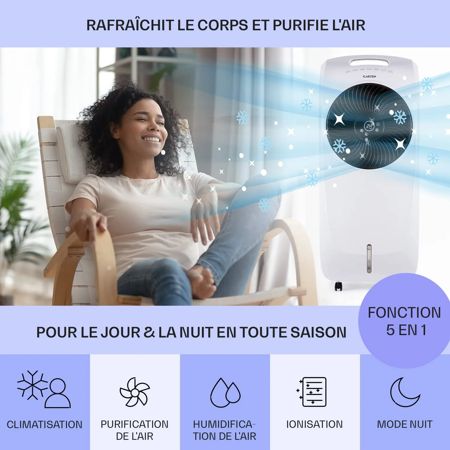 Klarstein rafraîchisseur air mobile 5-en-1 blanc 110 W