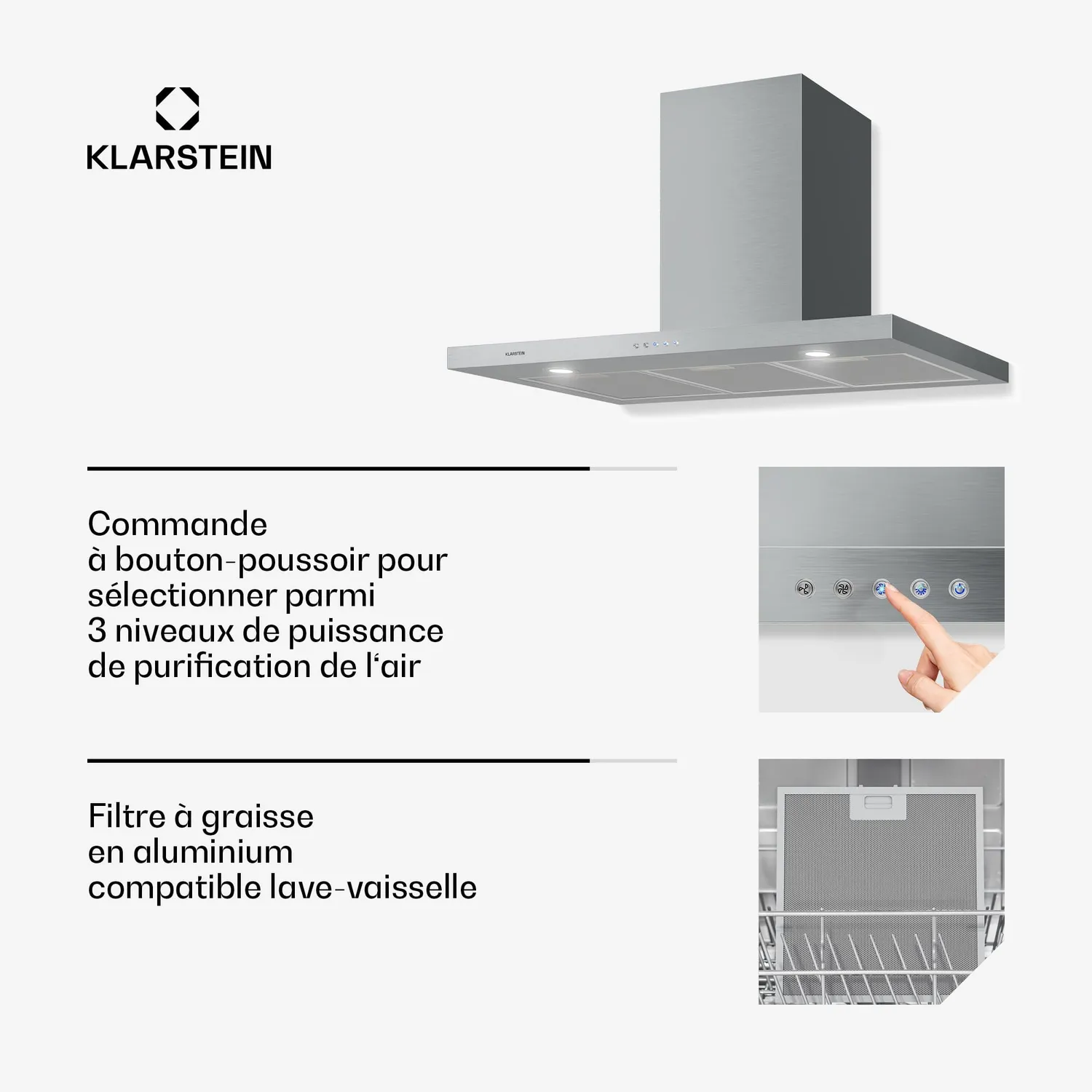 Klarstein Limelight hotte aspirante 90 cm argent 600 m³/h