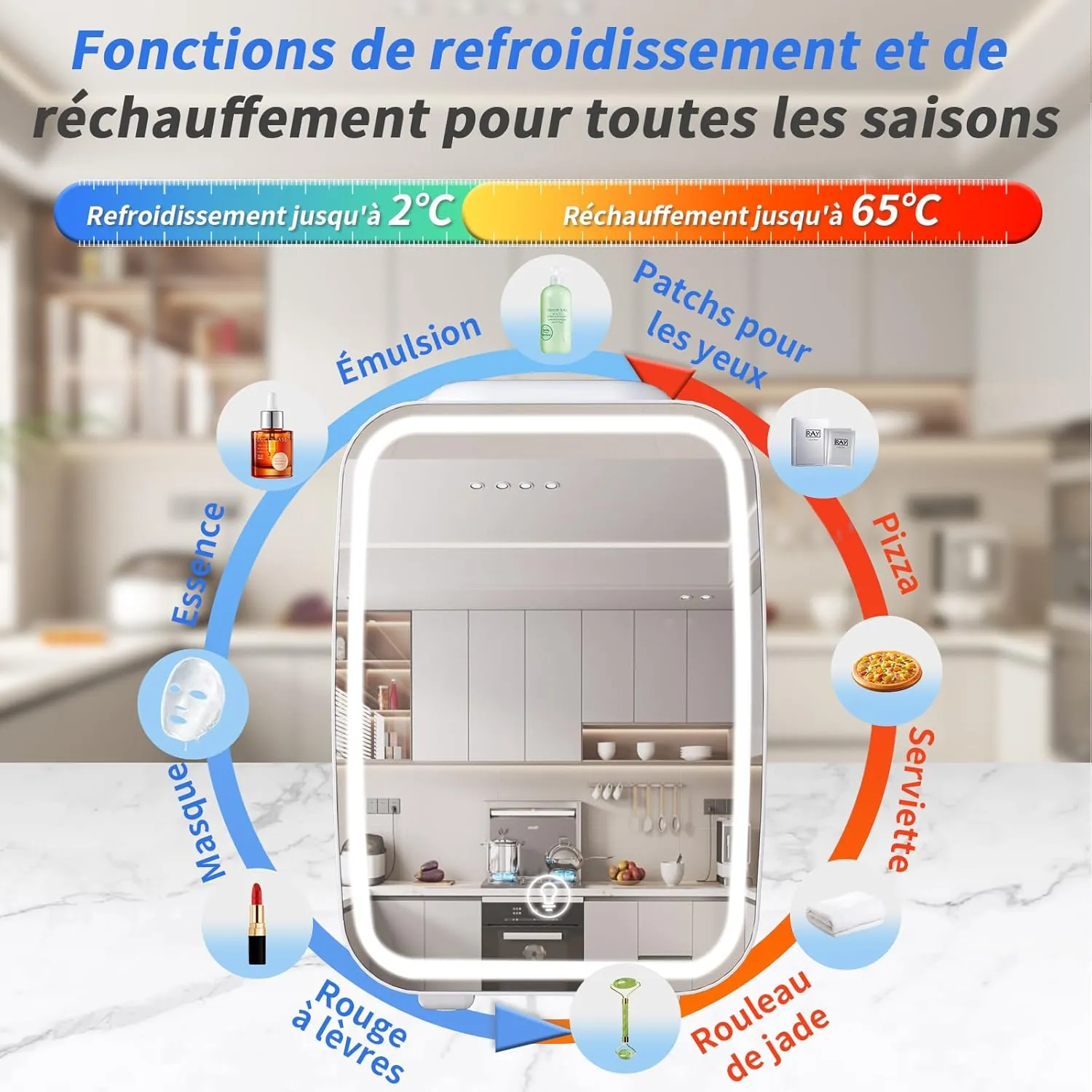 YASHE Mini Frigo 4L Bleu Miroir LED Chaud Froid