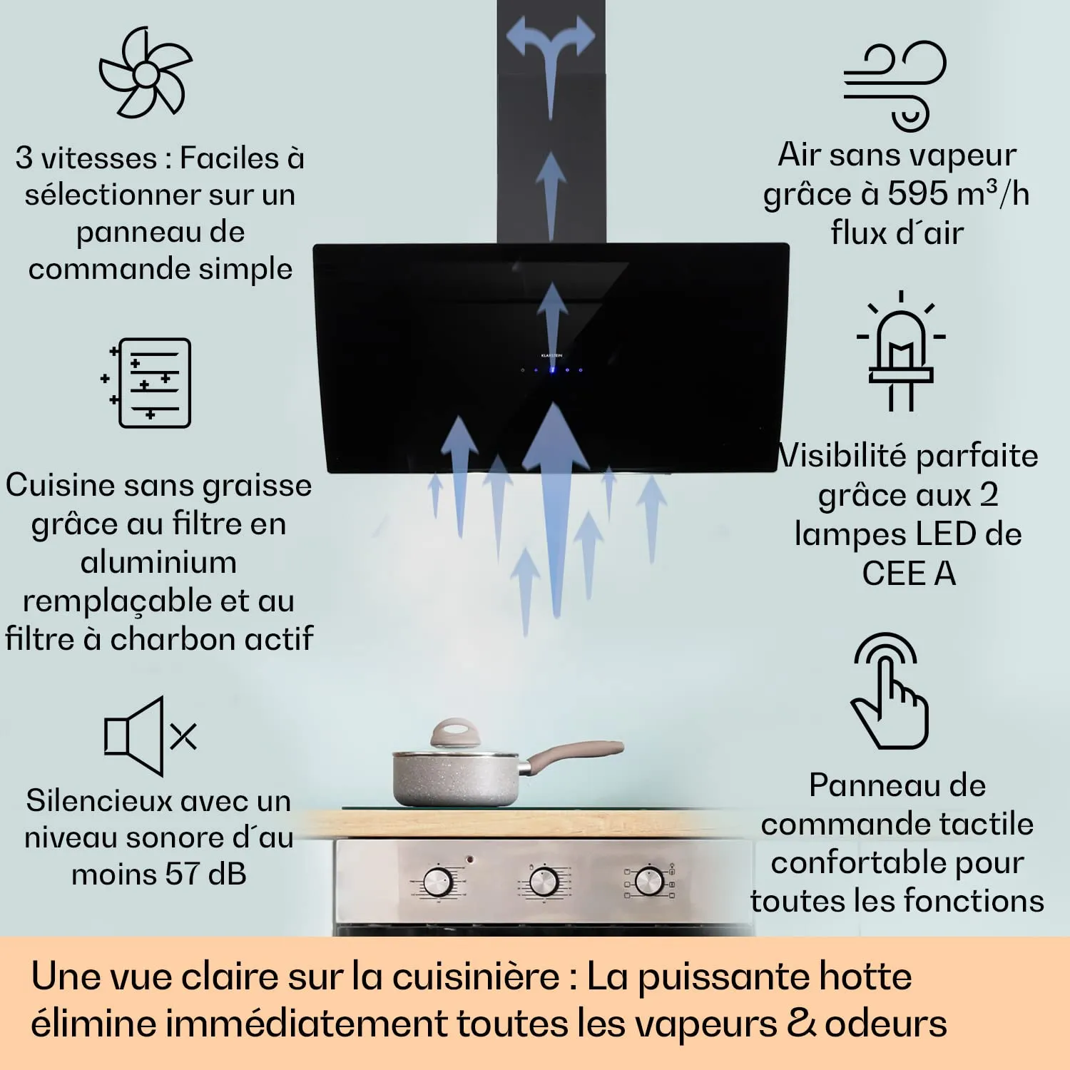 Klarstein hotte aspirante inclinée 90cm 641m³/h LED tactile