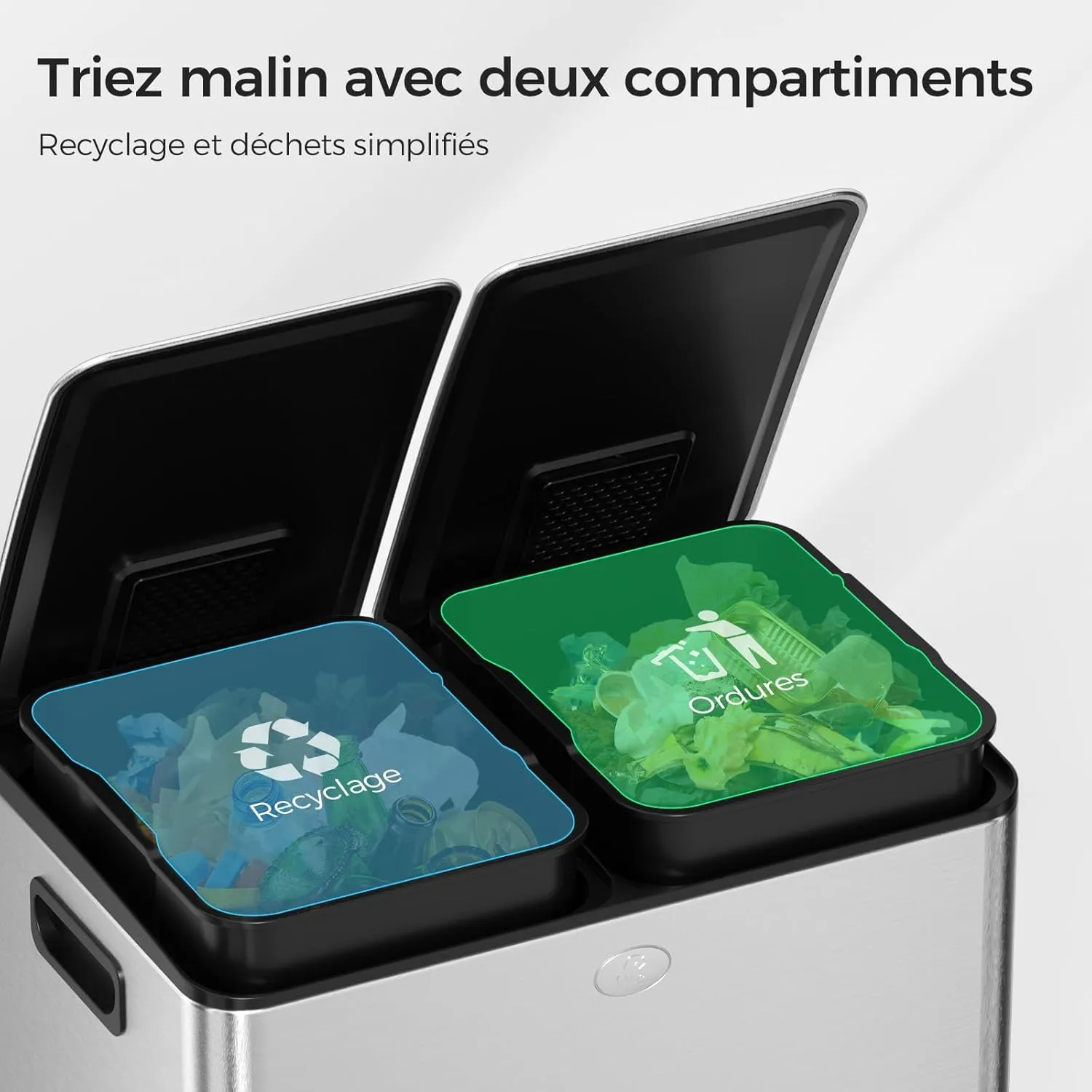 YASHE poubelle double 2x30 L inox anti-traces pédale