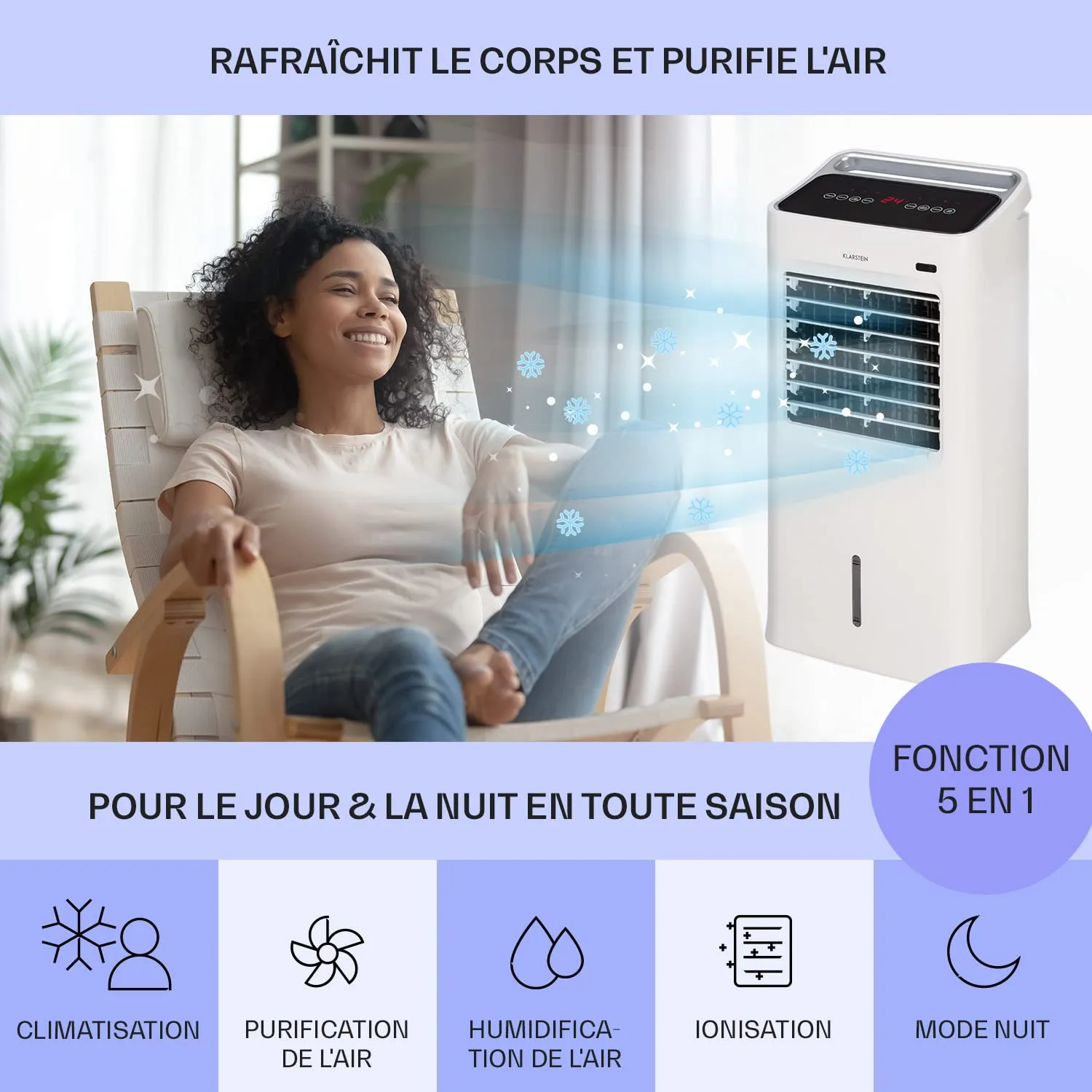 Klarstein rafraîchisseur d'air mobile 75W blanc 5-en-1 ioniseur