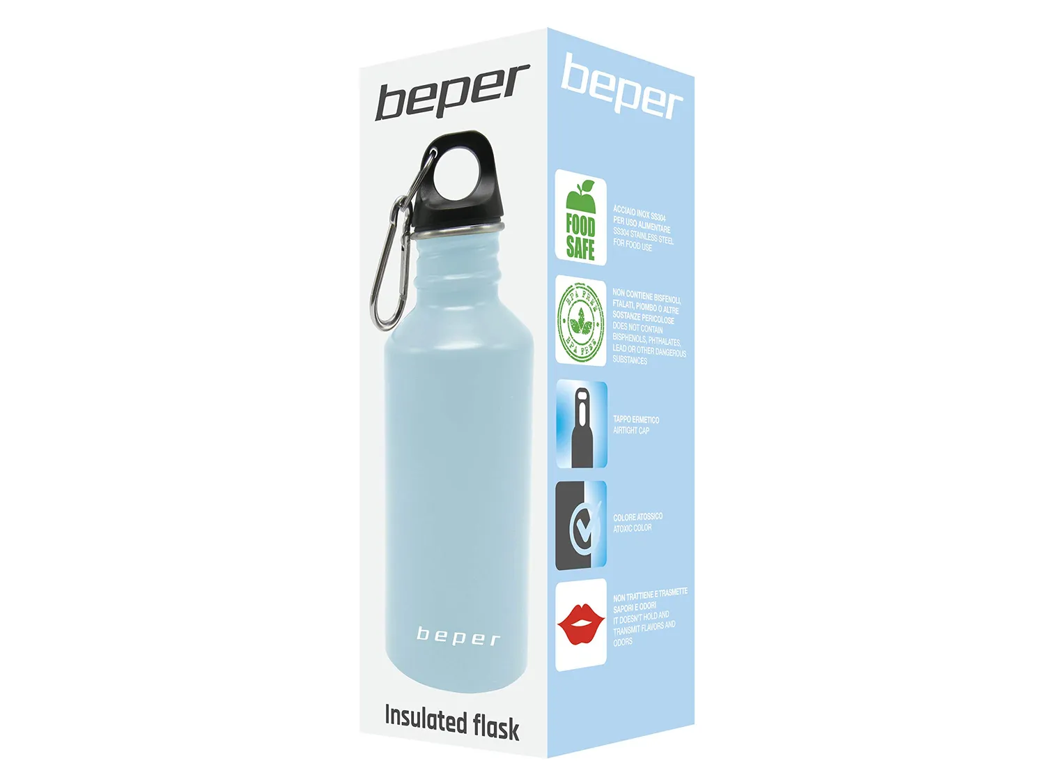 Beper C102BOT004 gourde inox 500 ml bleu mousqueton
