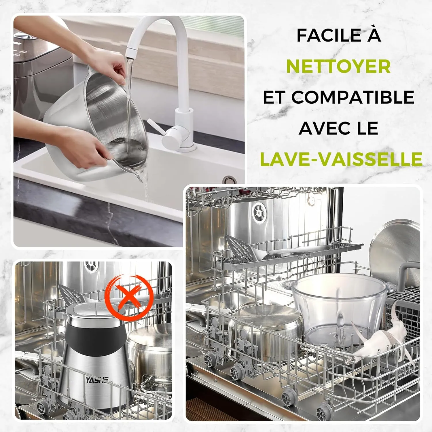 YASHE hachoir électrique verre 1,8 L + inox 2 L 500 W