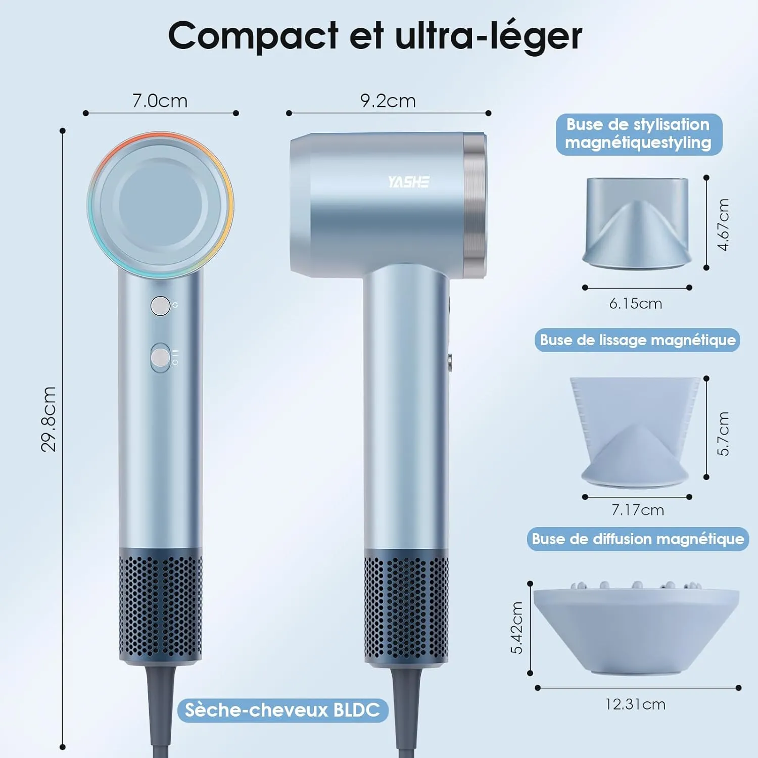 YASHE Sèche-Cheveux Ionique 1600W 110000 tr/min Diffuseur