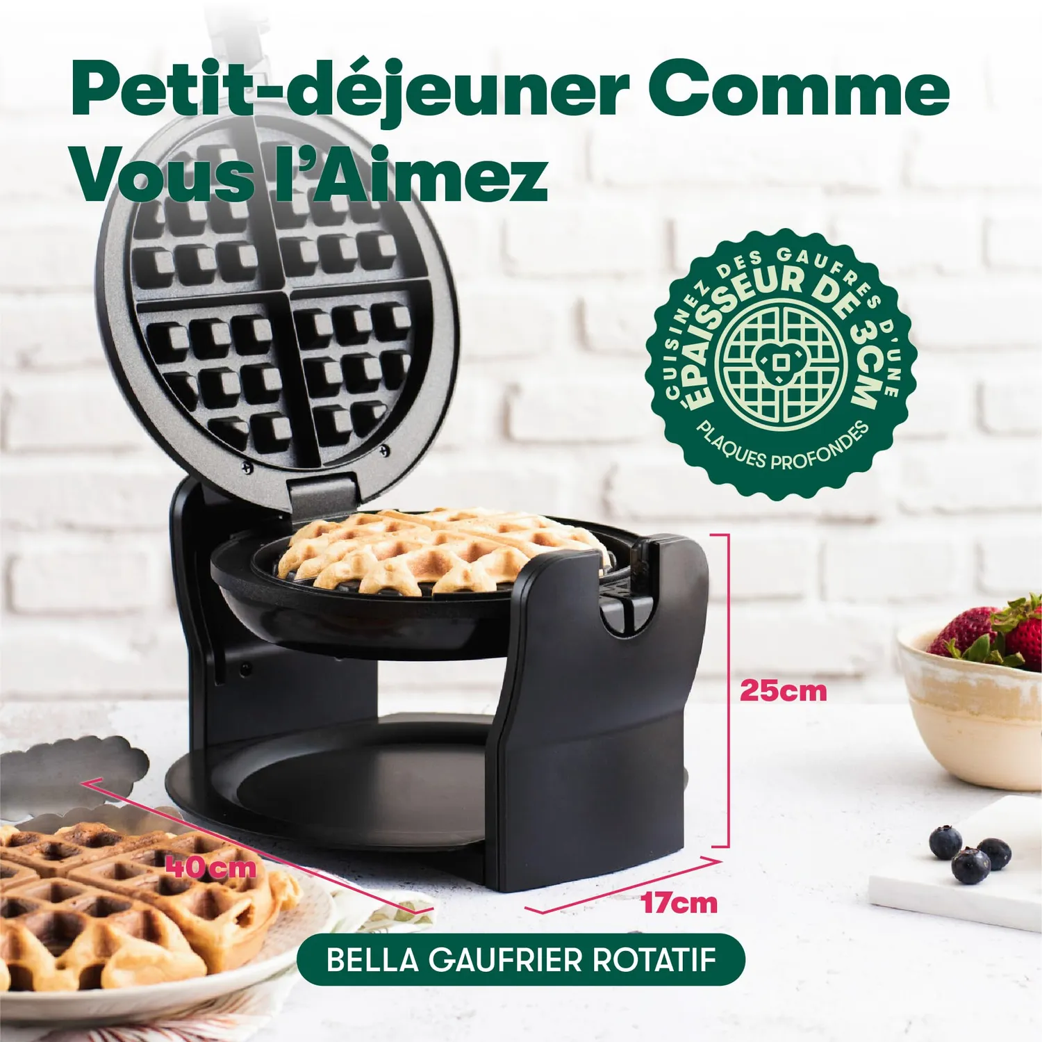 Bella gaufrier belge rotatif noir 9 niveaux brunissement
