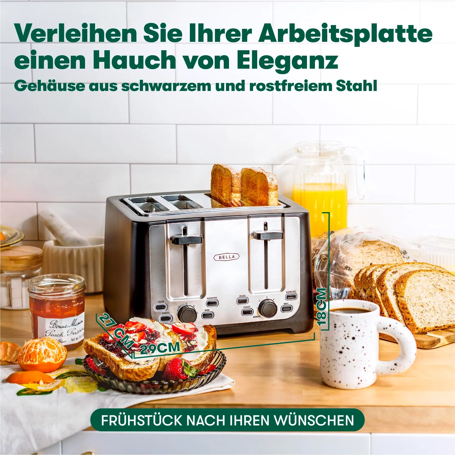 bella grille-pain 4 tranches inox noir fentes extra-larges