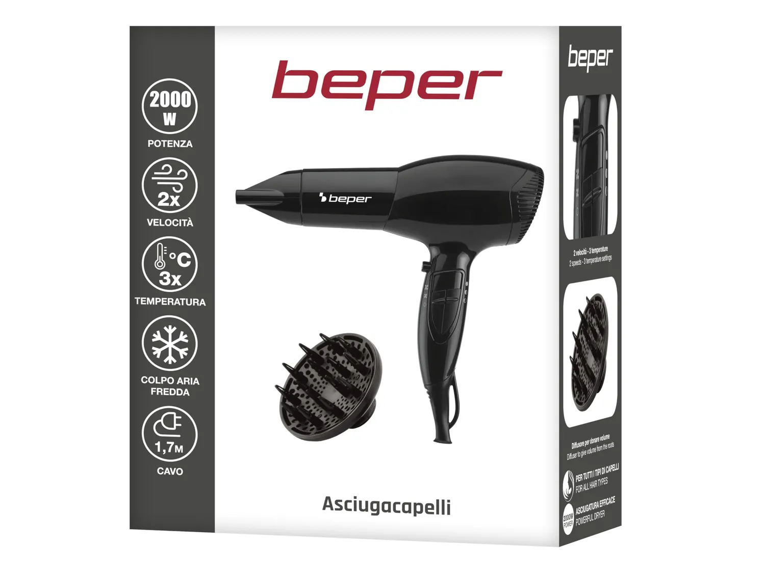 Beper 40.979 sèche-cheveux 2000 W noir diffuseur inclus