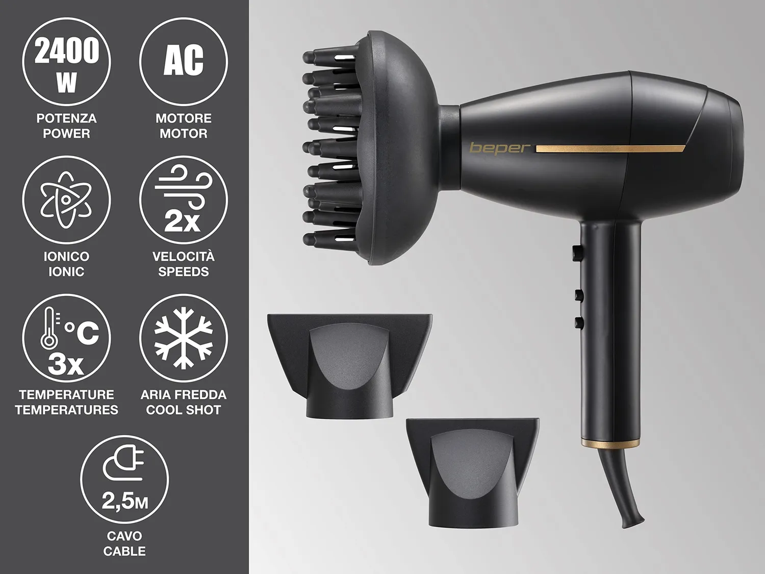 Beper 40.406 sèche-cheveux professionnel 2400W noir doré