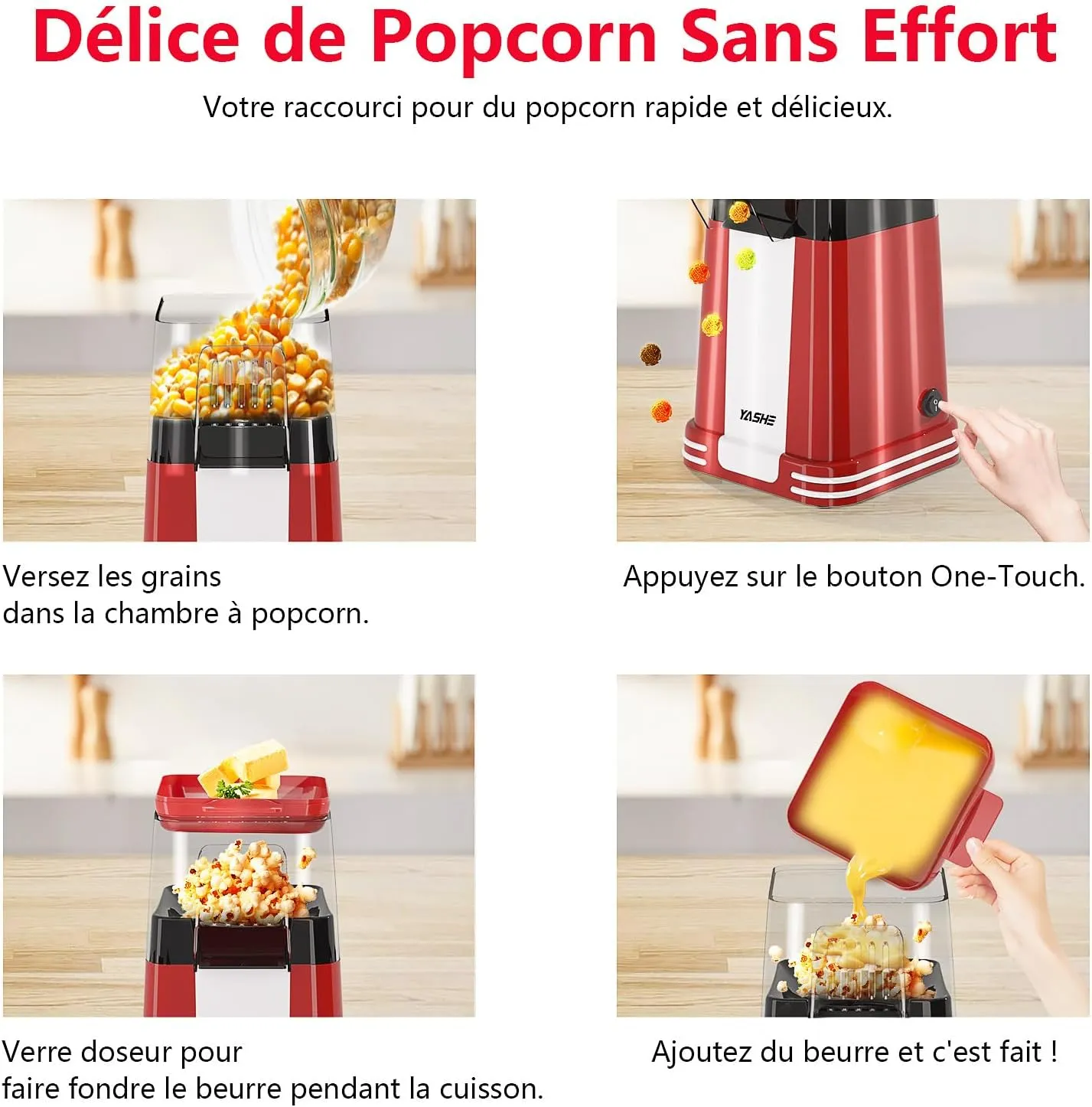 YASHE machine à pop-corn air chaud 1200 W sans huile