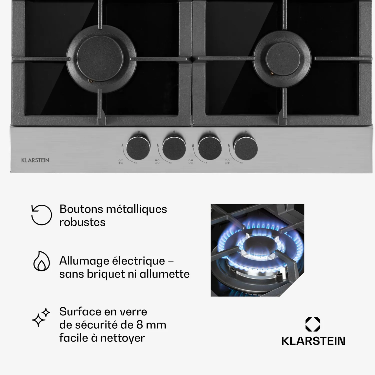 Klarstein Plaque Gaz 4 Feux Inox 8,0 kW Encastrable