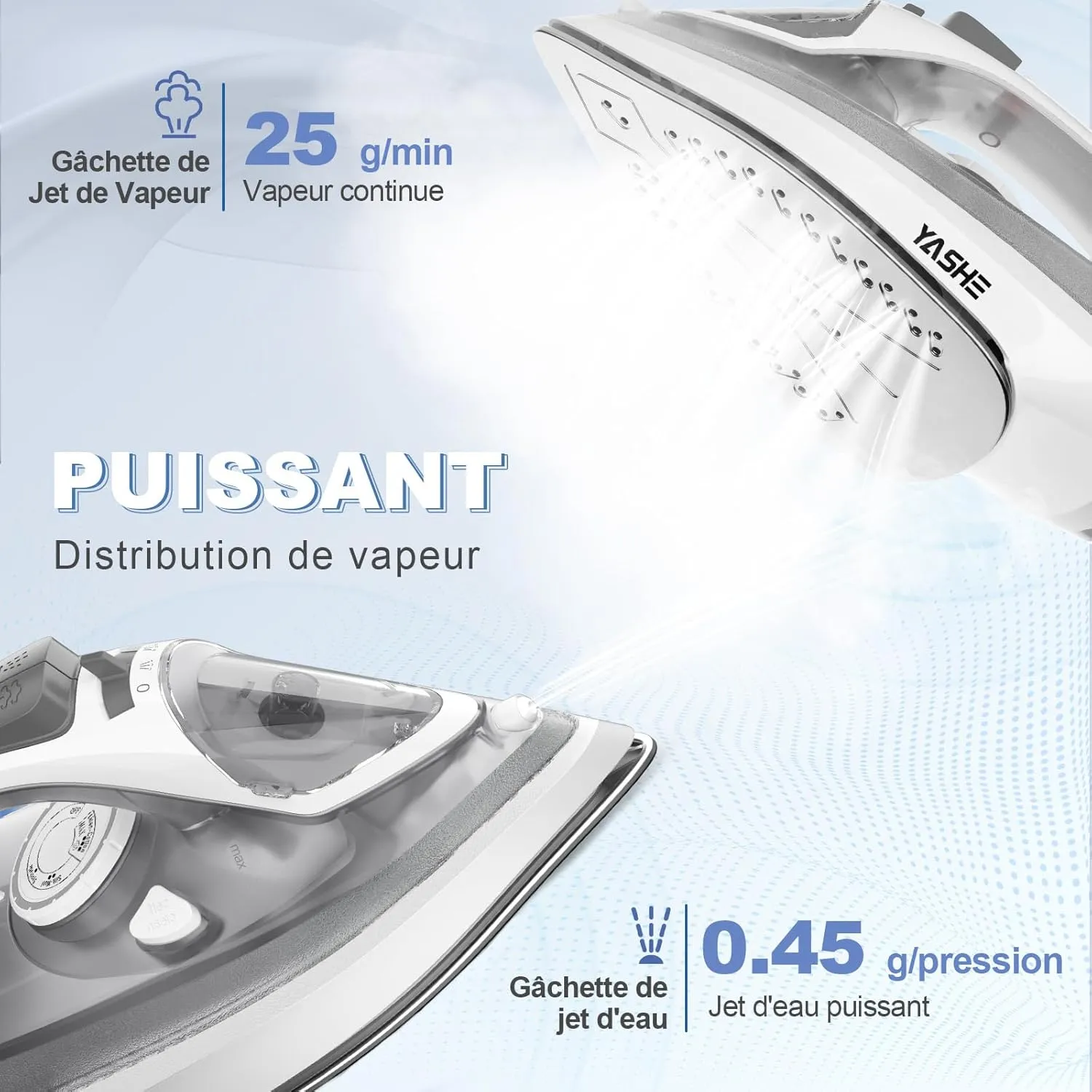 YASHE Fer à Repasser Vapeur 2300W 300ml Antiadhésif