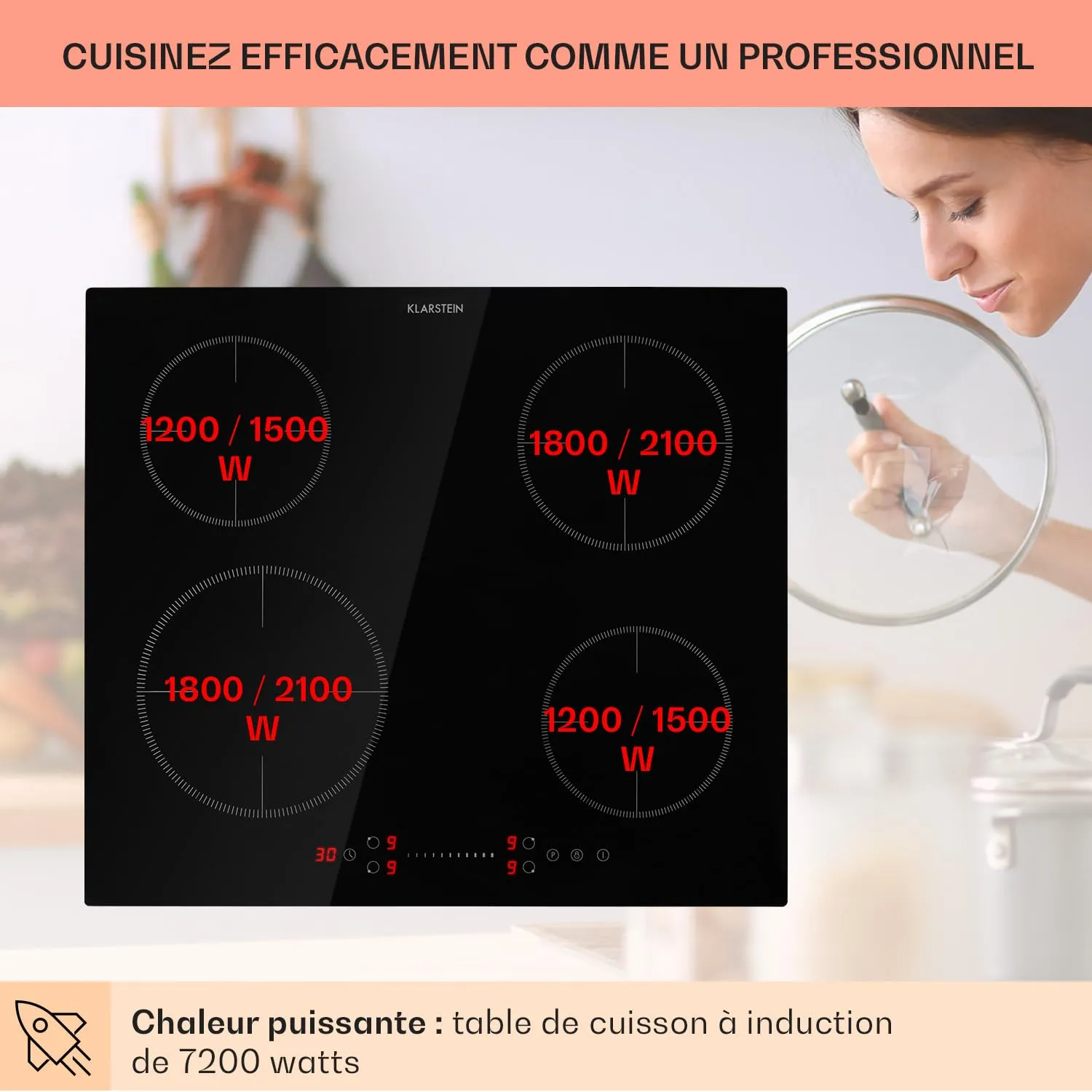 Klarstein 4 Feux 7200W plaque induction encastrable Noir Foncé
