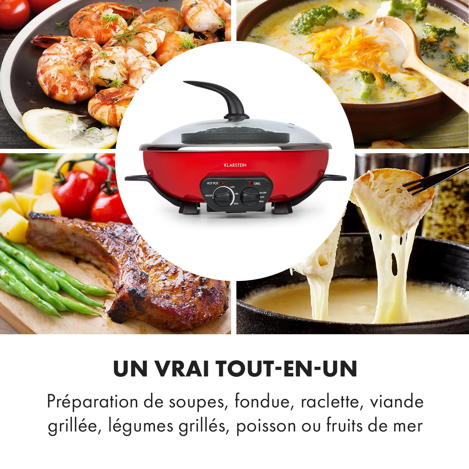 Klarstein Tafelrunde faitout lectrique rouge 5 L 2 en 1