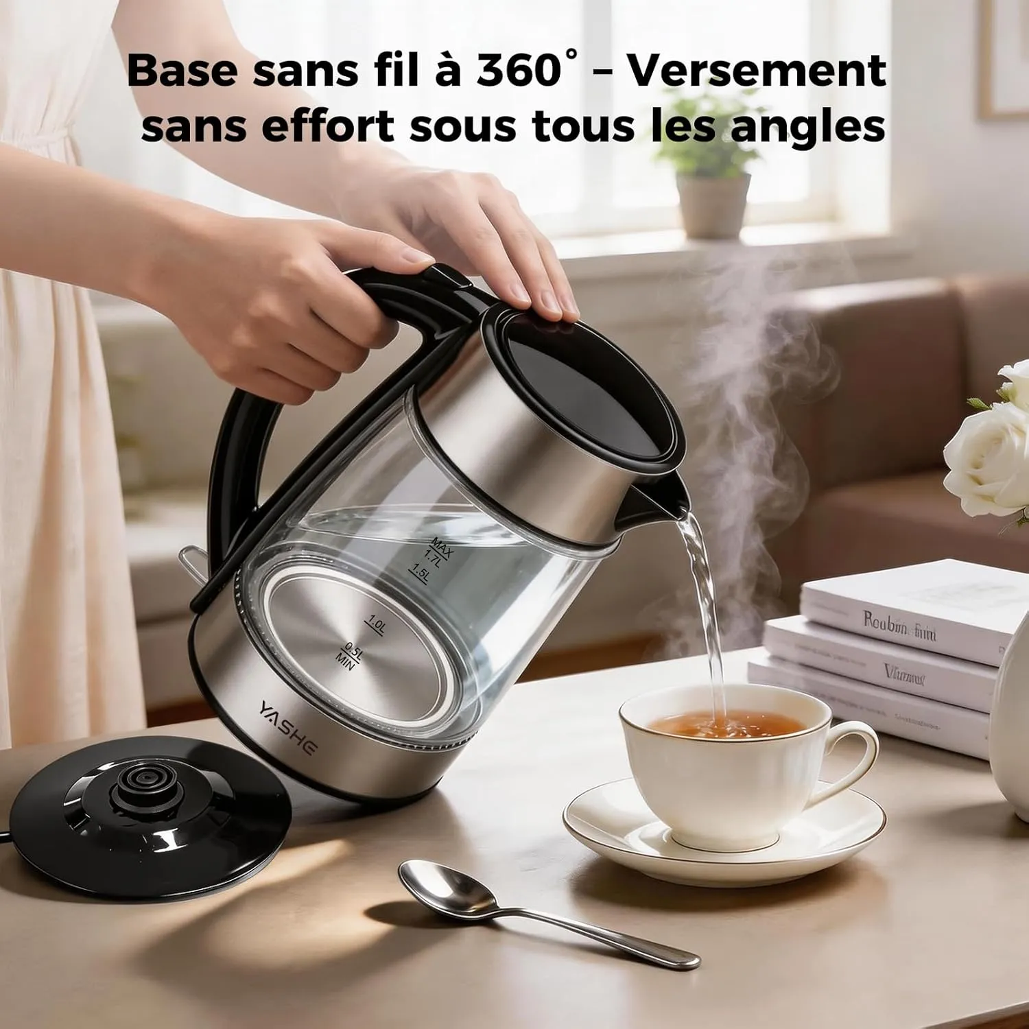 YASHE Bouilloire Électrique Verre 1,7L 2200W LED Bleue