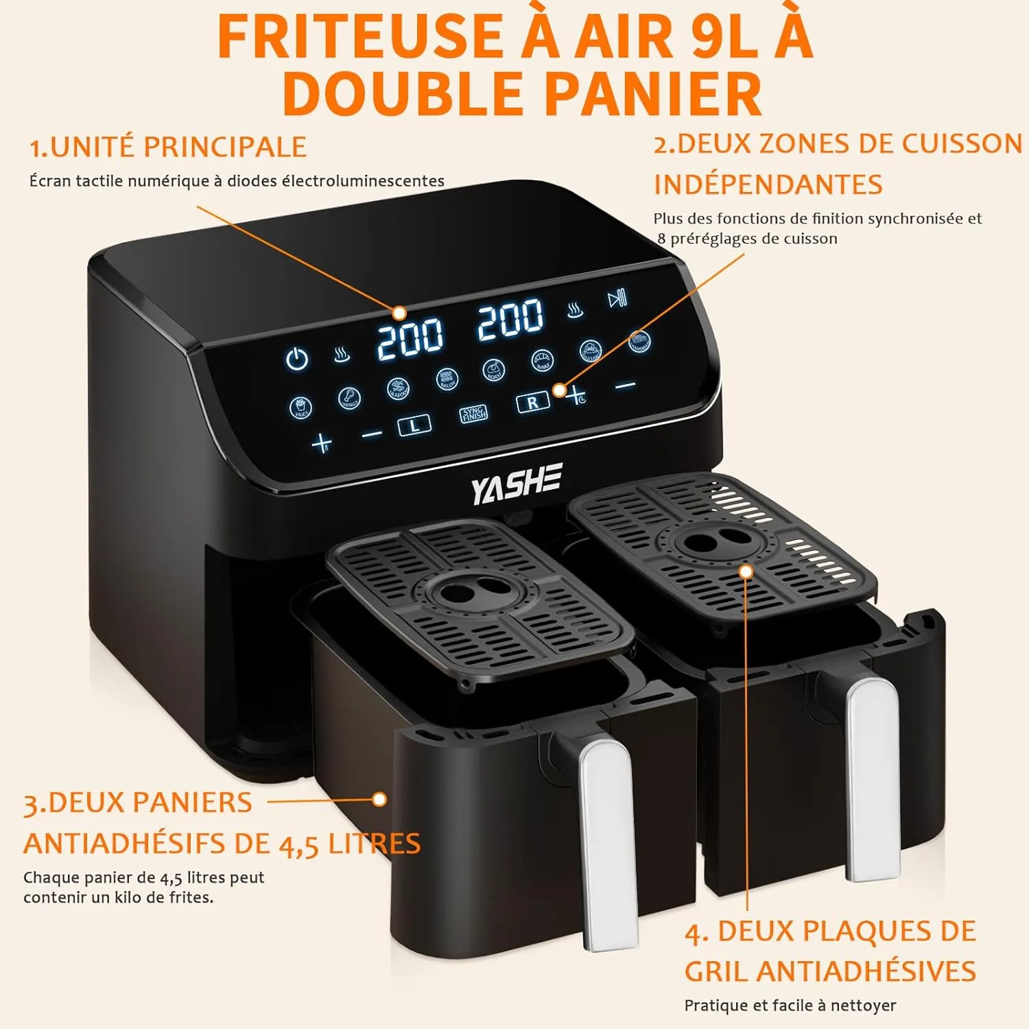 YASHE Air Fryer 9L Double Tiroir Finition Synchronisée