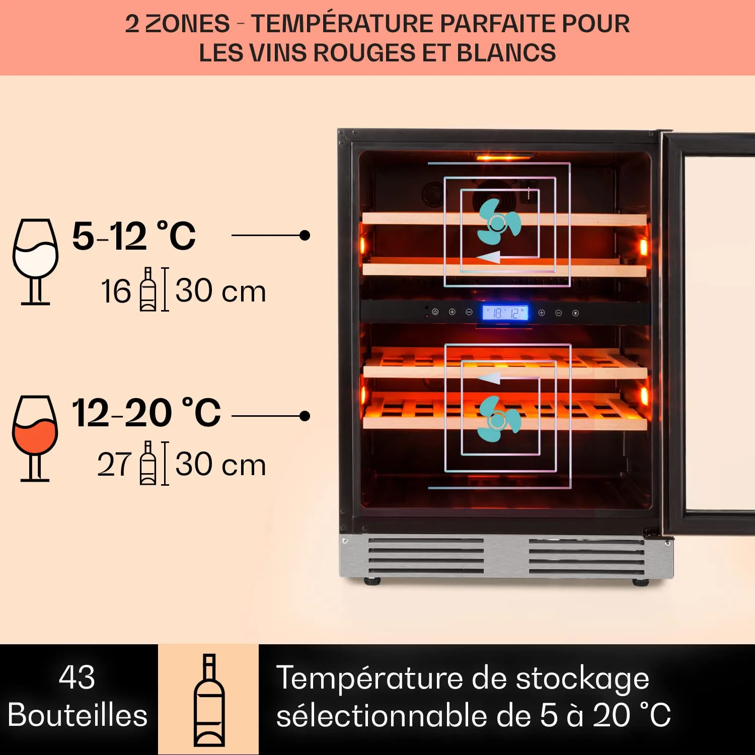 Klarstein cave à vin encastrable 129 L 43 bouteilles double zone