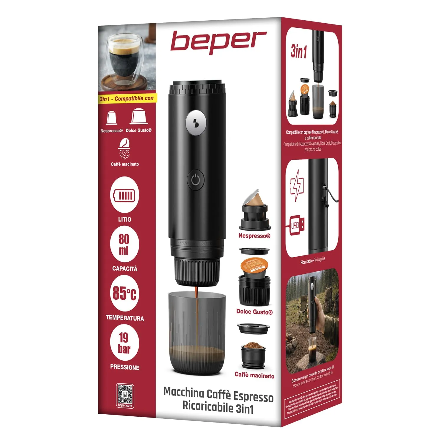Beper P101CAF250 machine café portable 19 bars 3 en 1