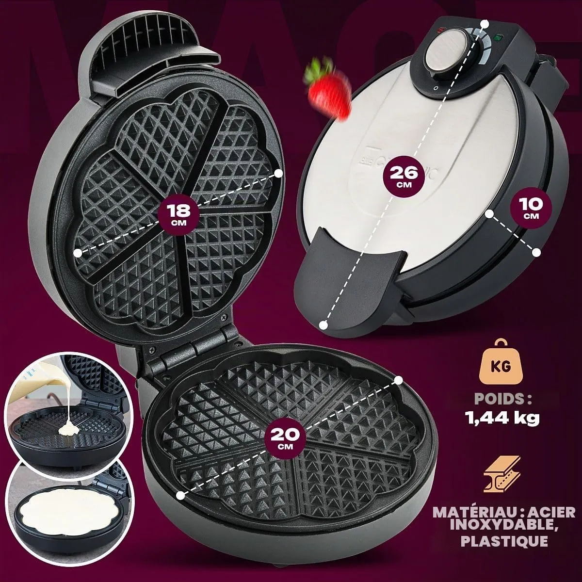 Clatronic WA 3492 gaufrier cœur 18 cm 1000 W