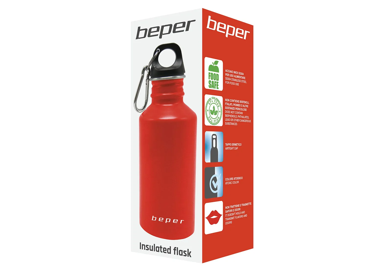 Beper C102BOT002 gourde inox 500 ml rouge mousqueton