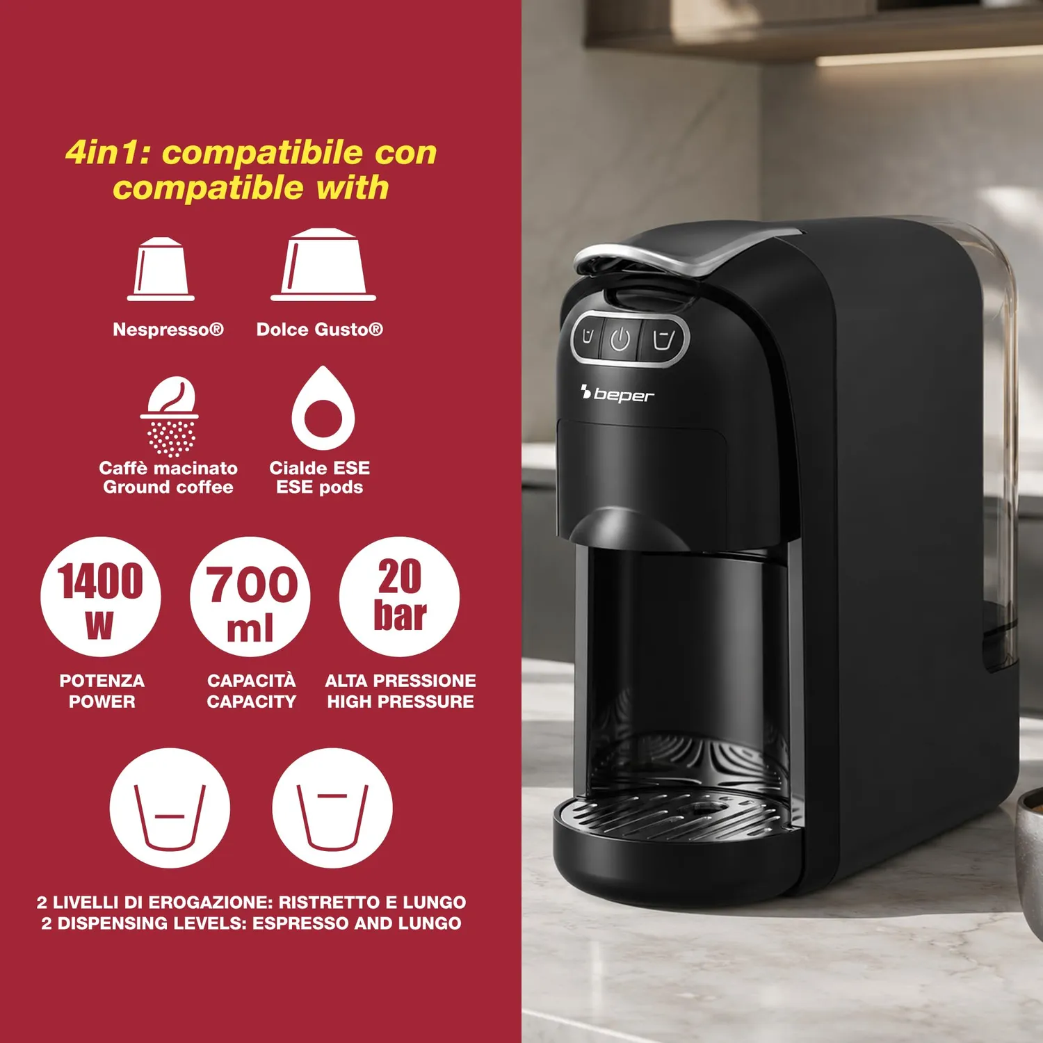 Beper Amata P101CAF200 Expresso 4en1 20Bars