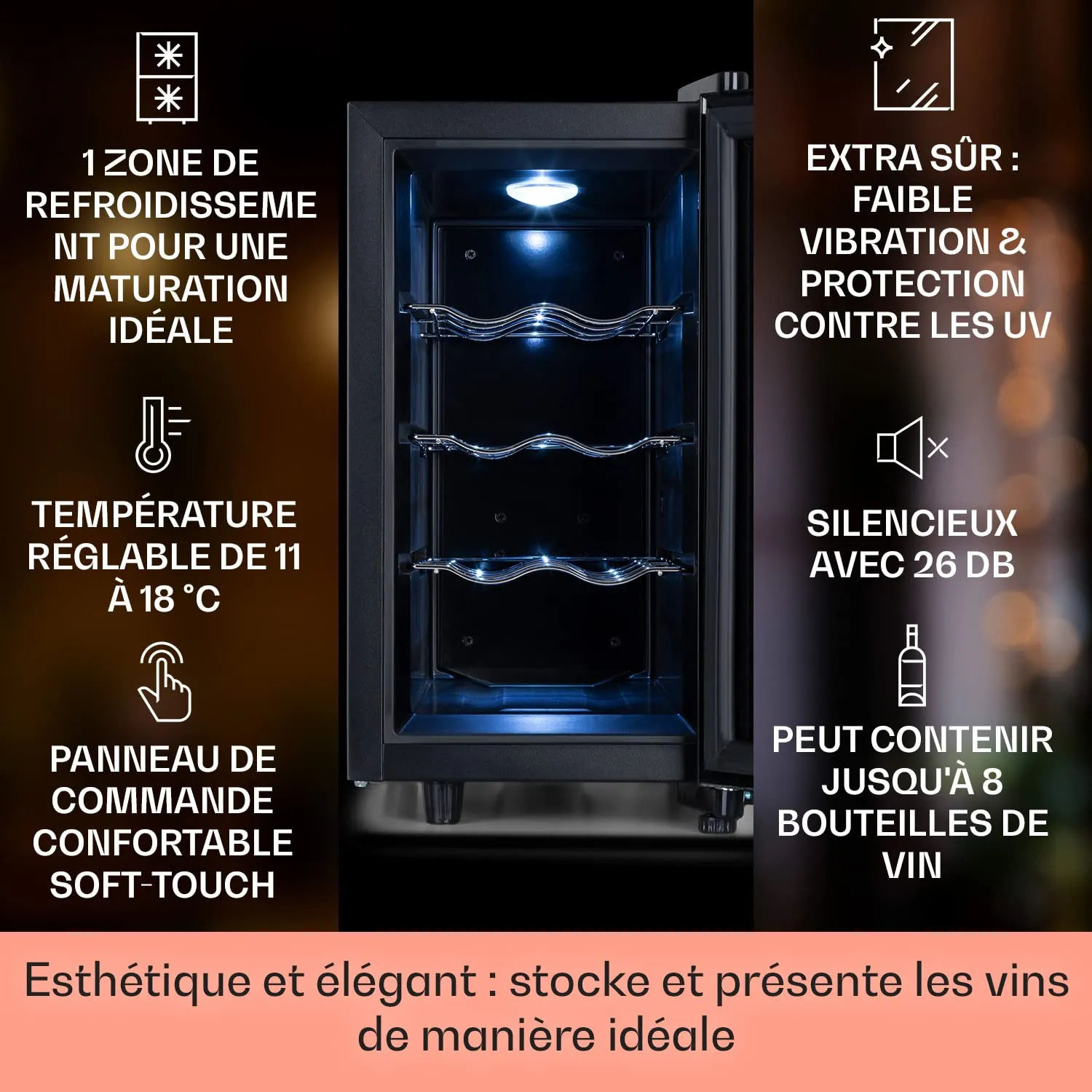Klarstein cave à vin 8 bouteilles 11-18°C verre