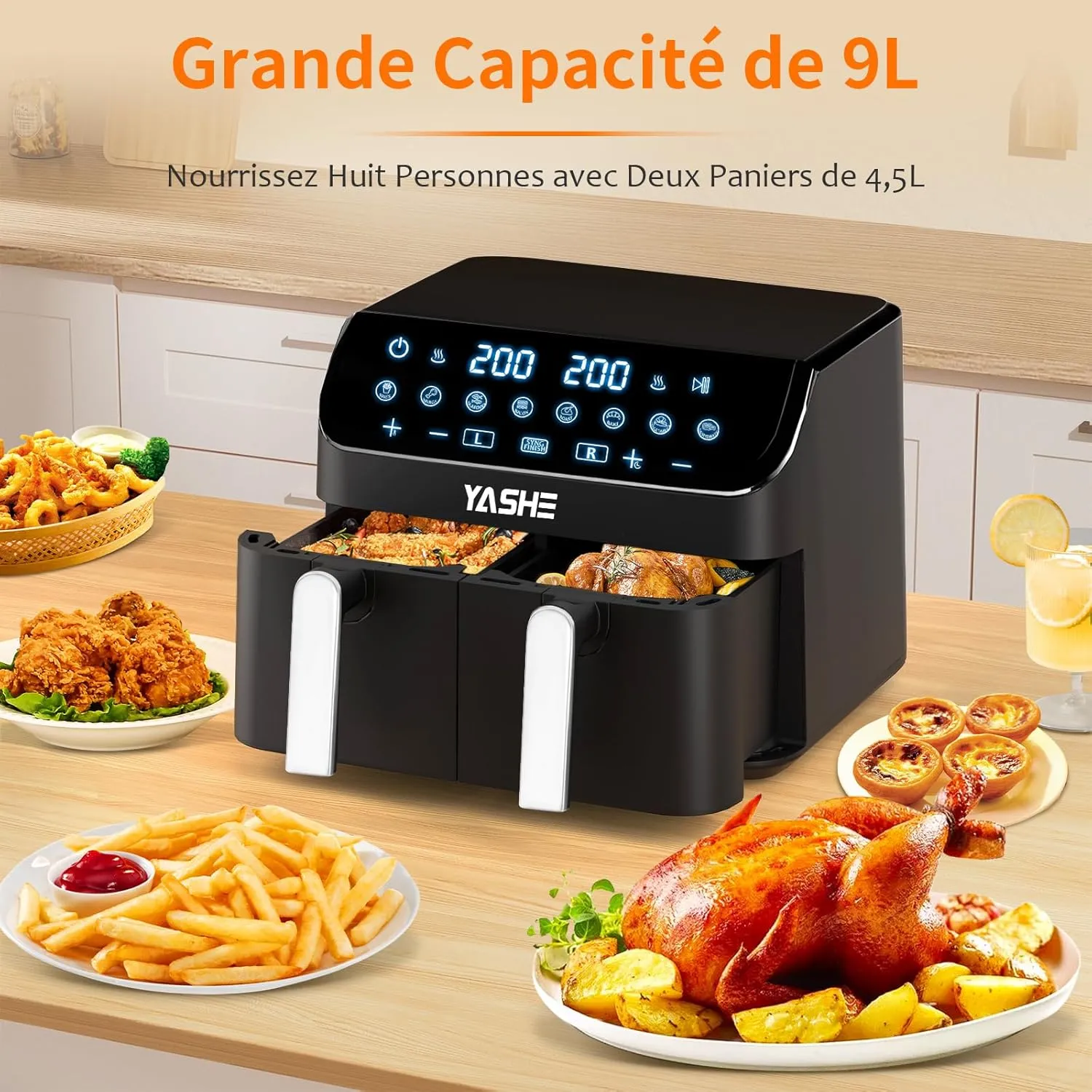 YASHE Air Fryer 9L Double Tiroir Finition Synchronisée
