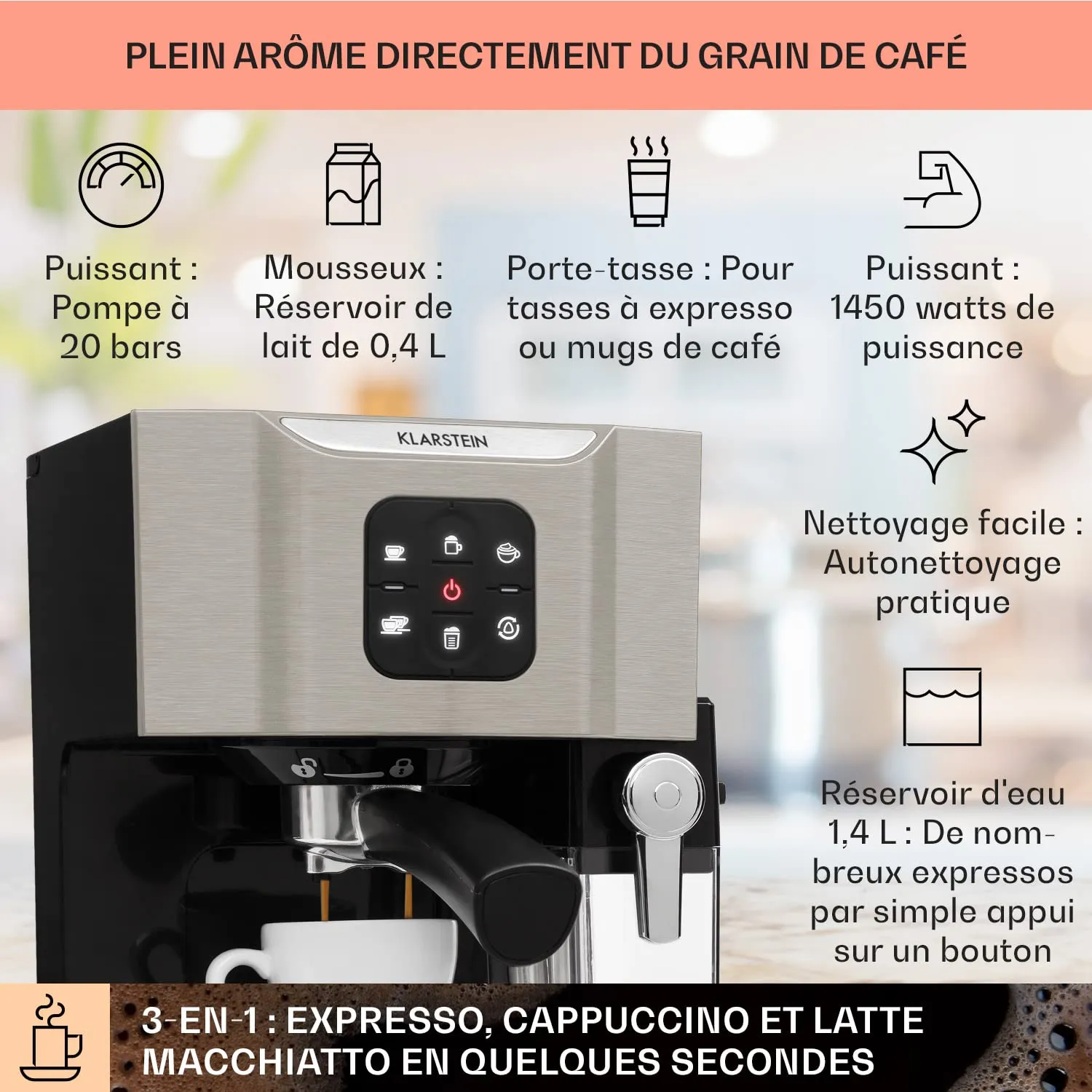 Klarstein BellaVita cafetière expresso 20 bars gris acier