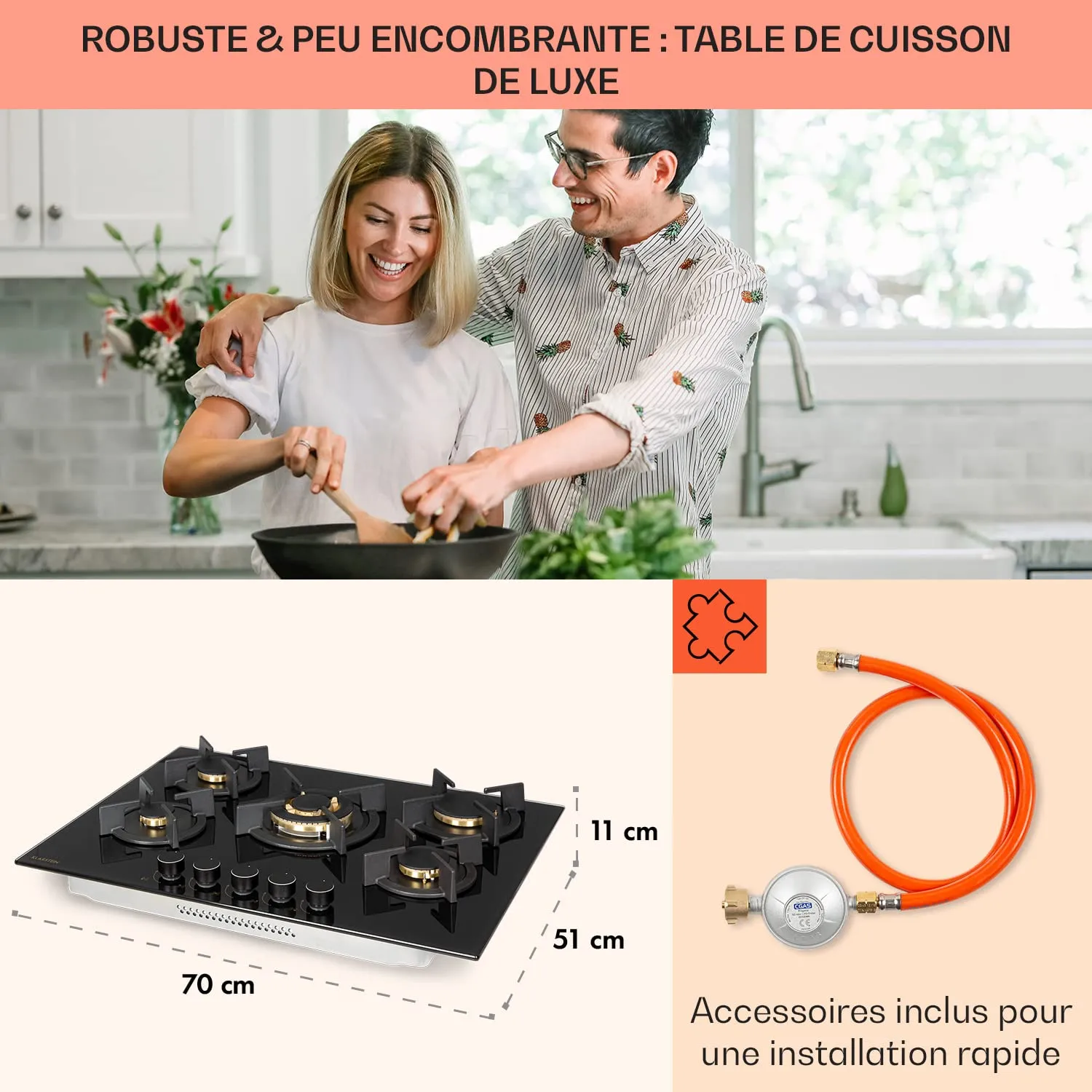 Klarstein plaque de cuisson gaz 5 feux 90 cm verre noir