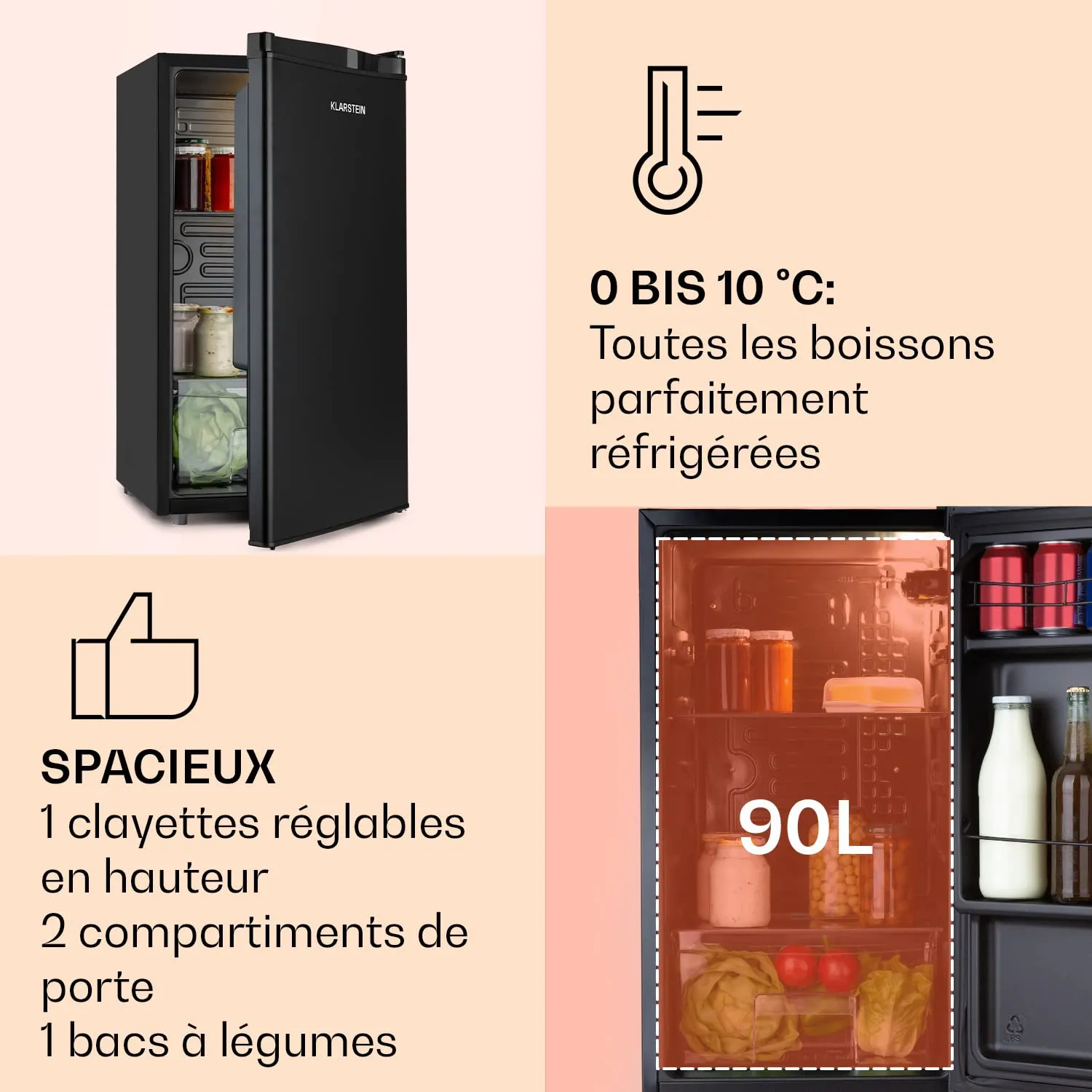 Klarstein mini frigo 90 L 0-10°C silencieux