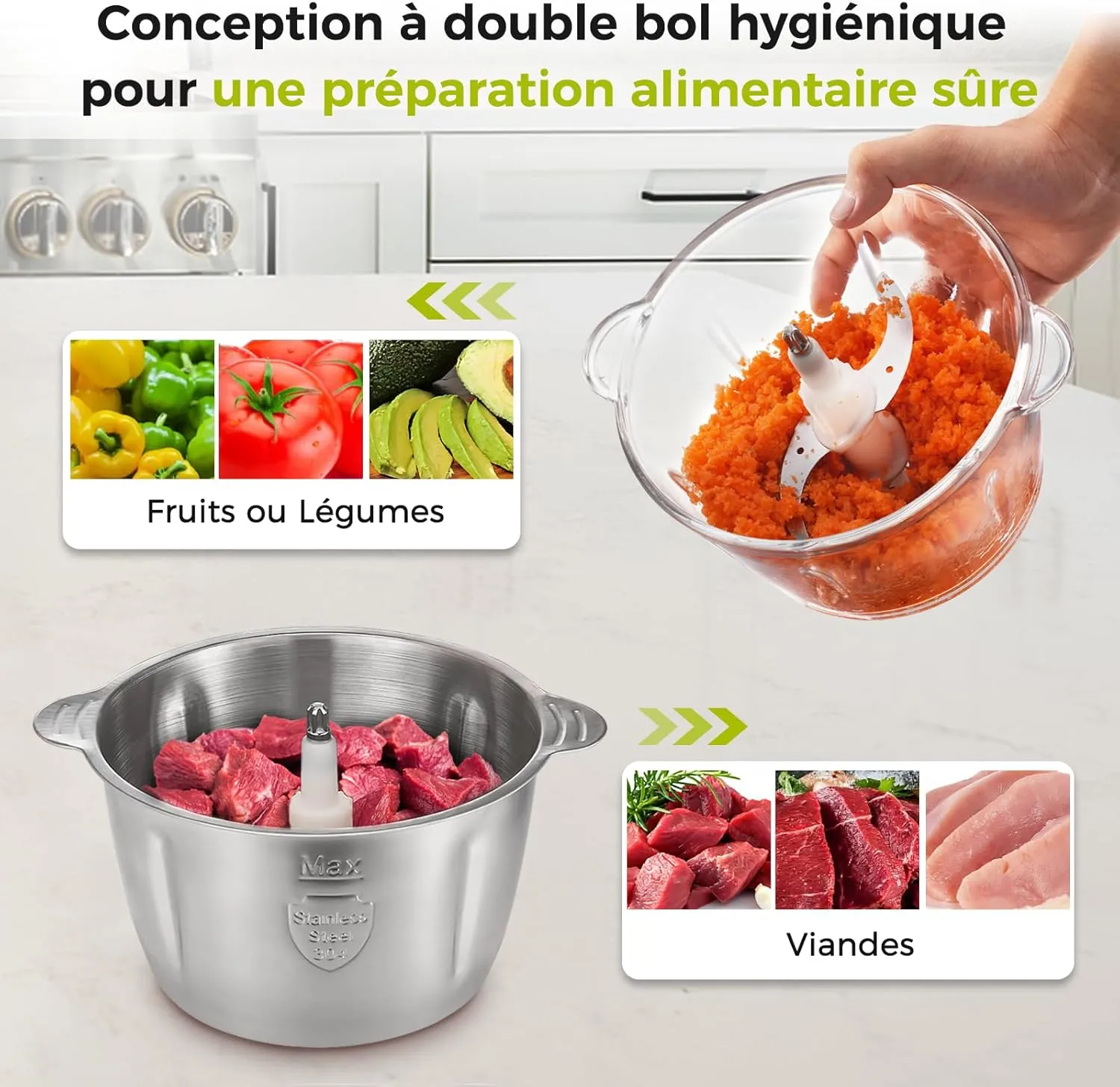 YASHE hachoir électrique verre 1,8 L + inox 2 L 500 W