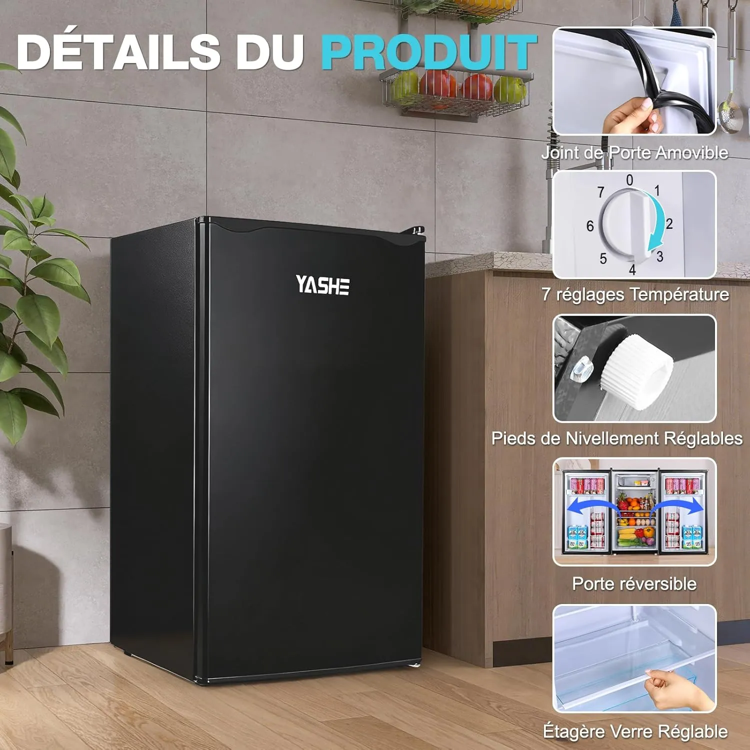 YASHE petit frigo 92 L avec congélateur silencieux 45 dB