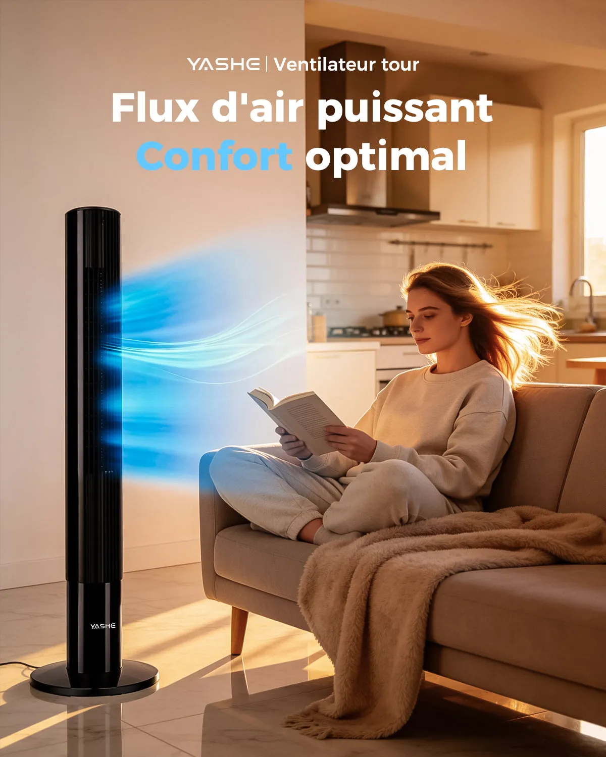 YASHE Ventilateur Tour Silencieux 3 Vitesses Télécommande Nuit