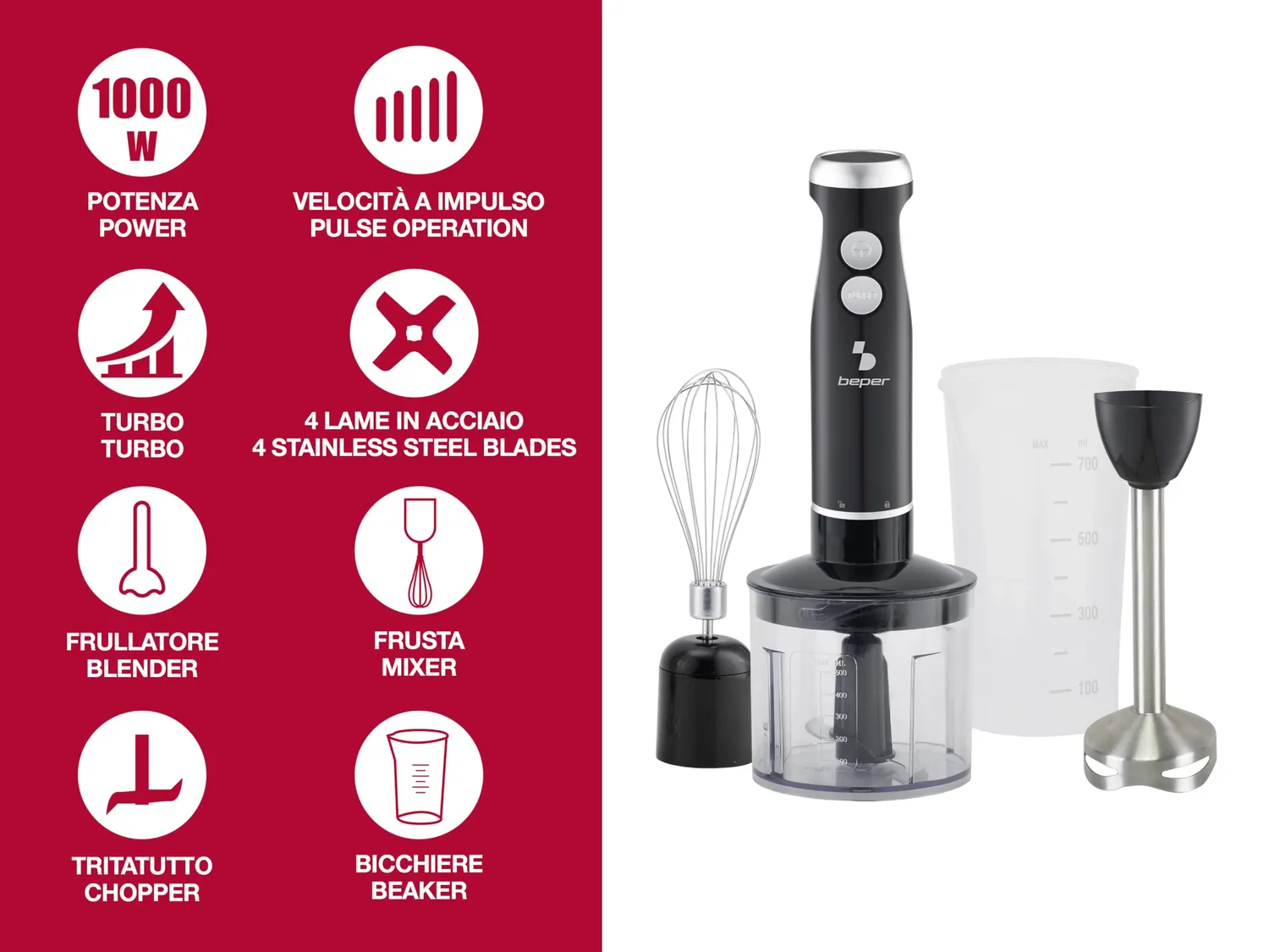 Beper P102FRU151 mixeur plongeant 4 en 1 1000W