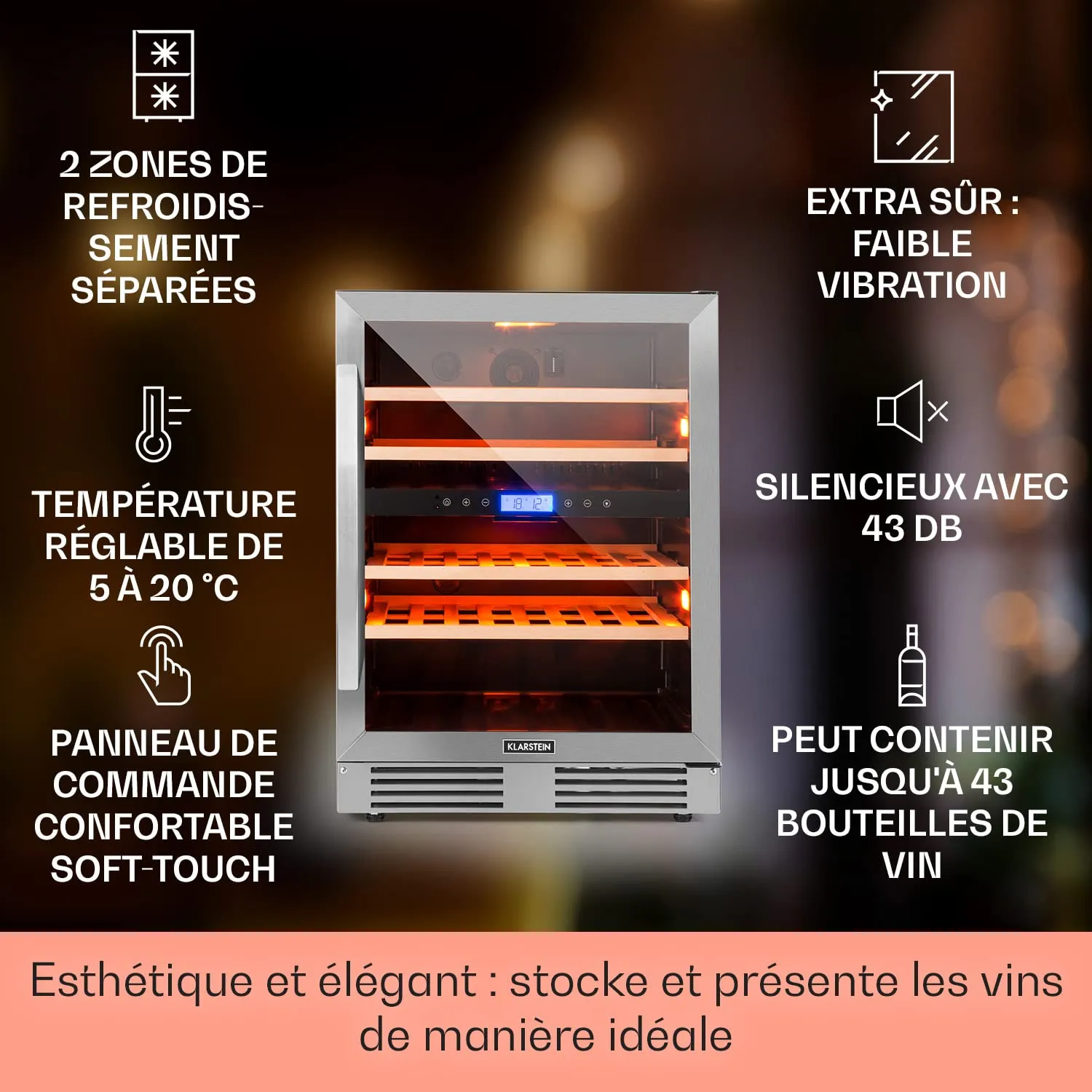 Klarstein cave à vin encastrable 129 L 43 bouteilles double zone