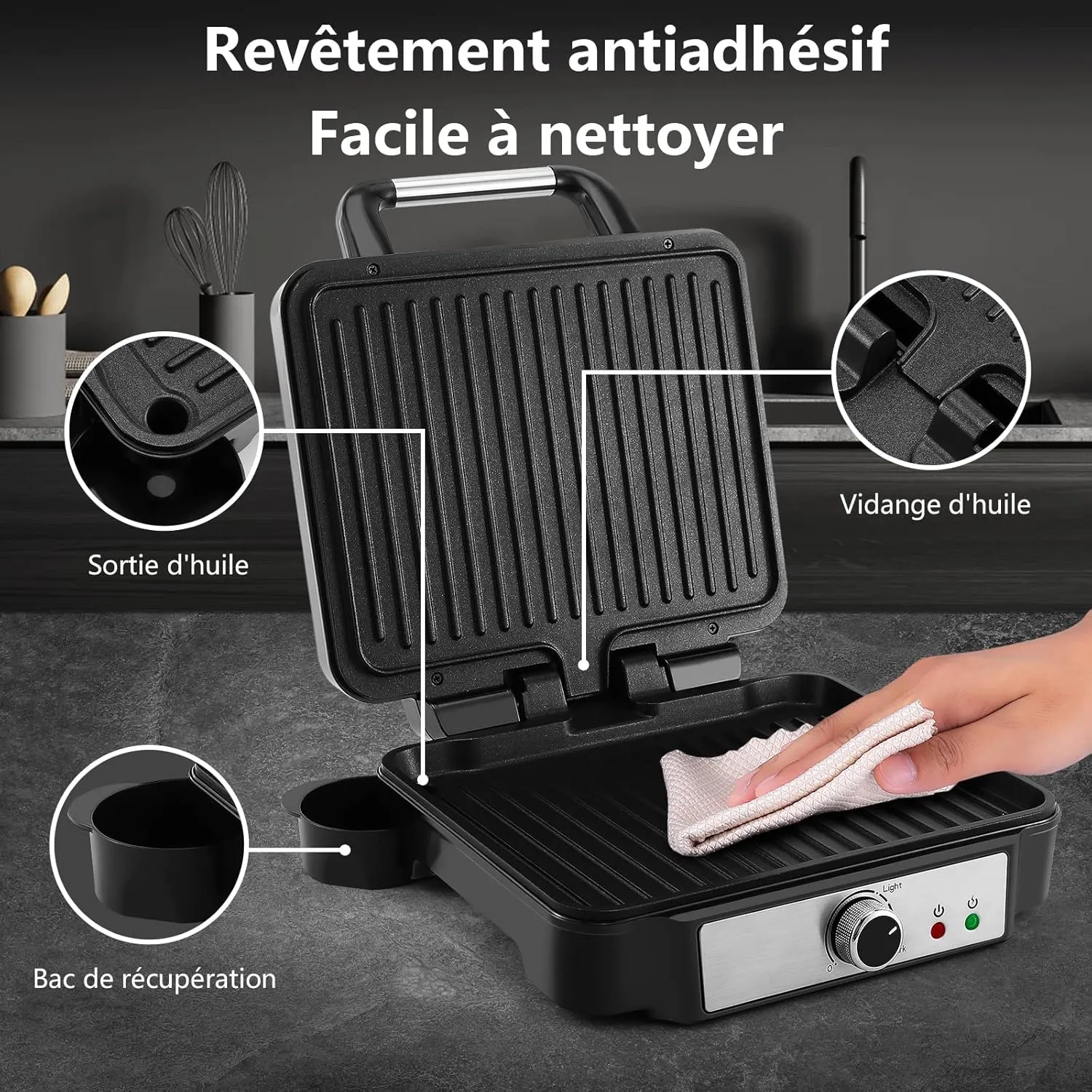 YASHE Grill Panini 1800W presse 3-en-1 antiadhésive