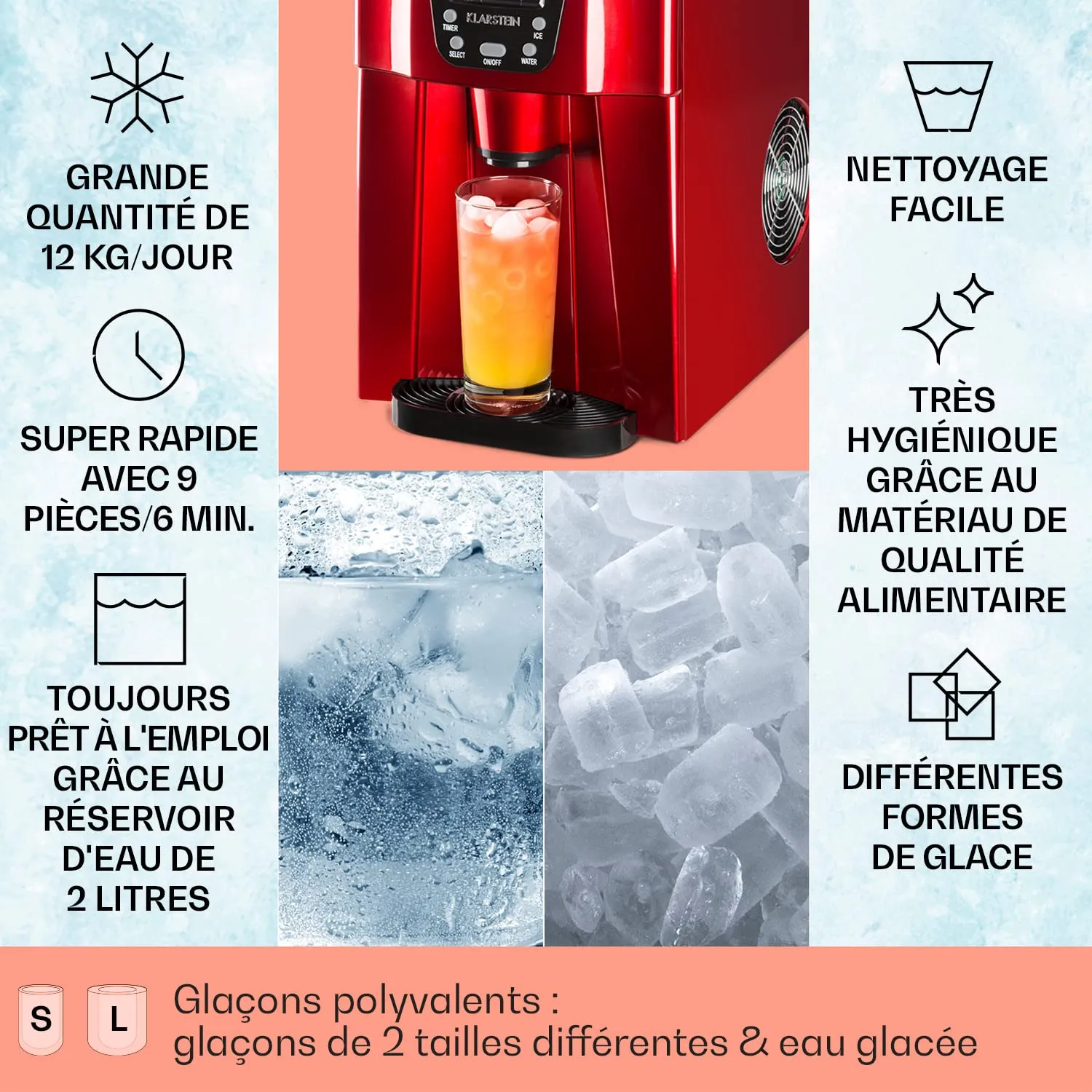 Klarstein Ice Volcano 2G machine à glaçons rouge 2 L 12 kg