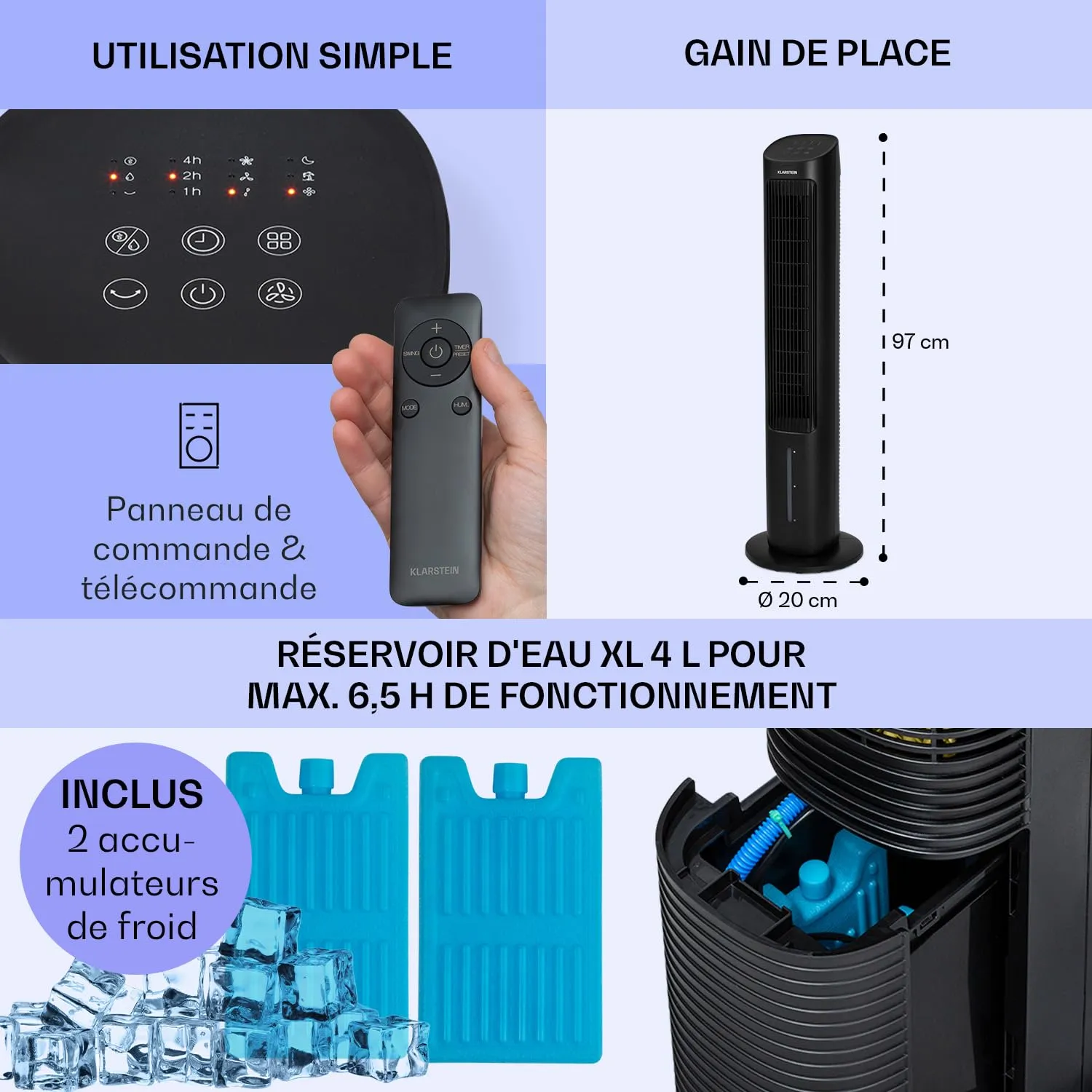 Klarstein rafraîchisseur air mobile 5-en-1 50W 360 m3/h noir