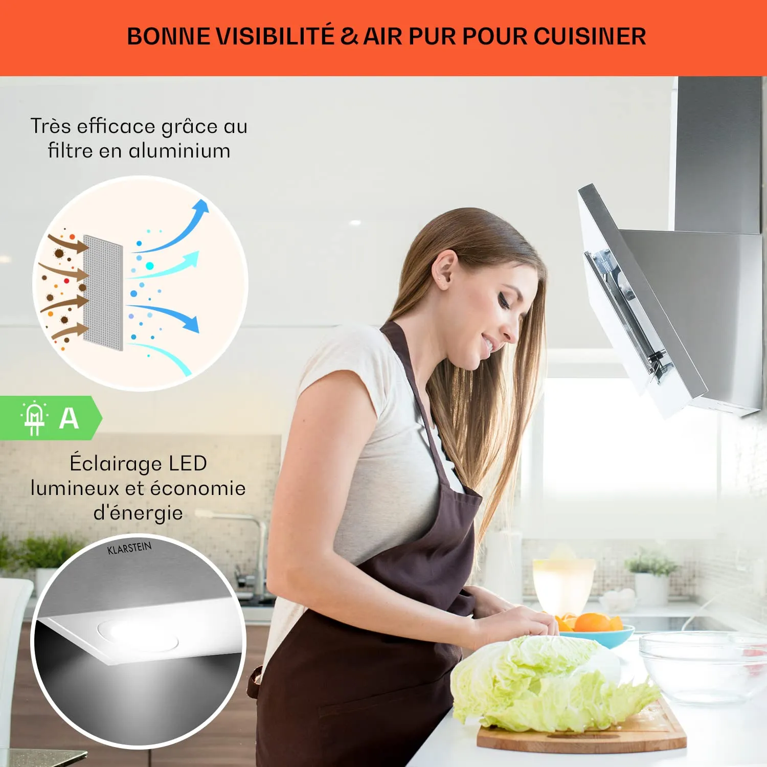 Klarstein Athena Hotte Inclinée 90 cm Argent Débit 292 m³/h